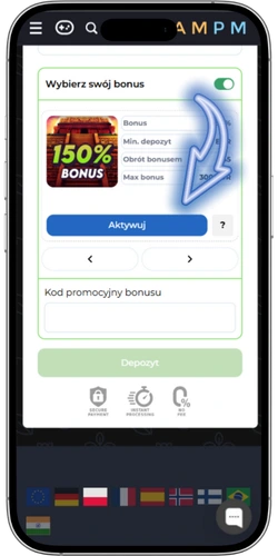 Wybór bonusu powitalnego w Ampm Casino - bonus procentowy lub darmowe spiny na Reactoonz 2 przy pierwszej wpłacie od 45 zł