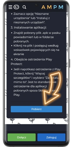 Oficjalna strona pobierania pliku APK Ampm Casino na ekranie telefonu z Androidem