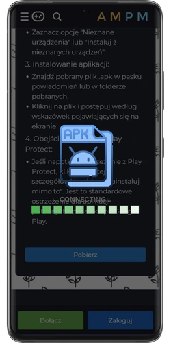 Ekran instalacji pliku APK Ampm Casino na smartfonie z systemem Android