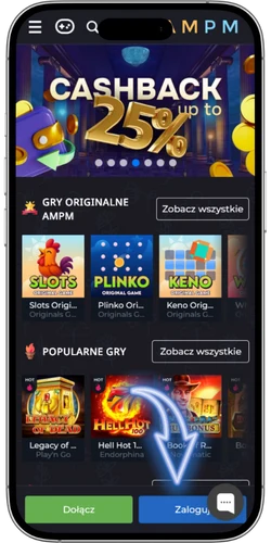 Strona główna Ampm Casino z widocznym przyciskiem logowania w dolnej części ekranu na urządzeniu mobilnym