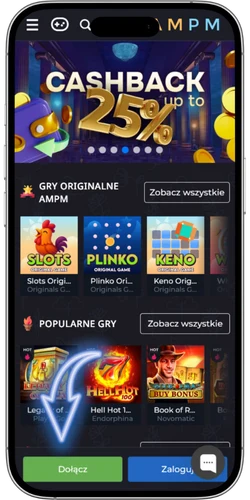 Strona główna Ampm Casino z widocznym przyciskiem rejestracji w dolnej części ekranu na smartfonie