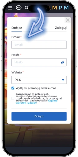 Formularz rejestracji Ampm Casino z polami e-mail, hasło oraz lista wyboru waluty konta w złotówkach