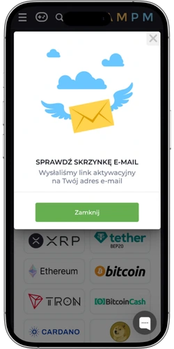 Skrzynka odbiorcza e-mail z wiadomością aktywacyjną od Ampm Casino i linkiem potwierdzającym rejestrację konta