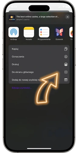 Menu przeglądarki z opcją udostępniania strony Ampm Casino na urządzeniu iOS