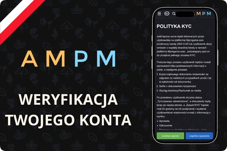 Panel weryfikacji KYC w Ampm Casino z formularzem przesyłania dokumentu tożsamości i statusem potwierdzenia danych